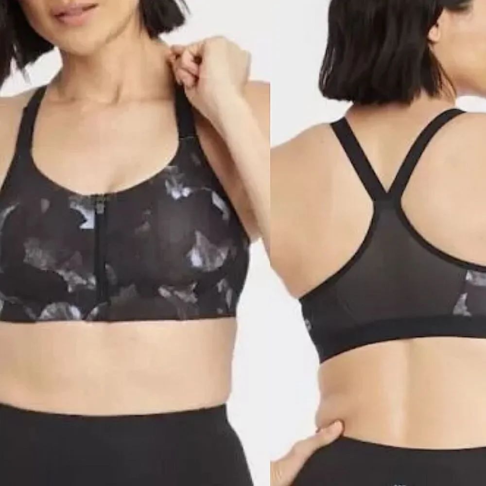 All in Motion High Support impact Black gray Print mesh camo Zip Front Bra 36DD